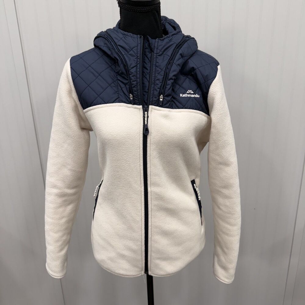 Kathmandu Women's Size 8 Cream & Navy Fleece Hooded Full Zip Jacket w/ Pockets